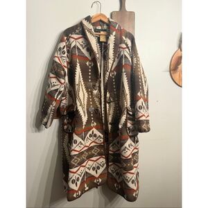 Lucky & Blessed Brown Cream Aztec Southwestern Long Coat Jacket Size Large NWT